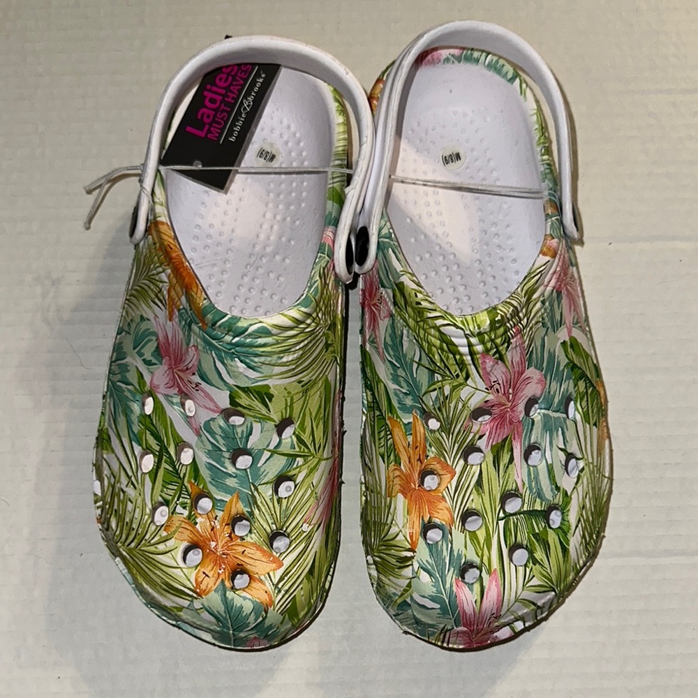 Bobbie Brooks Women's Floral Mules - Green, Pink, Orange Size Medium 8/9